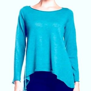 EILEEN FISHER Merino Wool Ballet Neck Hi Low Sweater Top Aqua Blue Size S or M